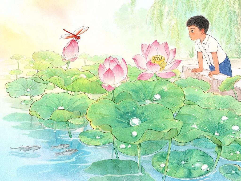 满池荷花盛开、花苞绽放、蜻蜓飞舞的美丽场景插画
