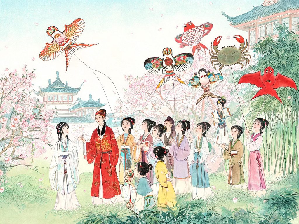 大观园众人放风筝的春日插画
