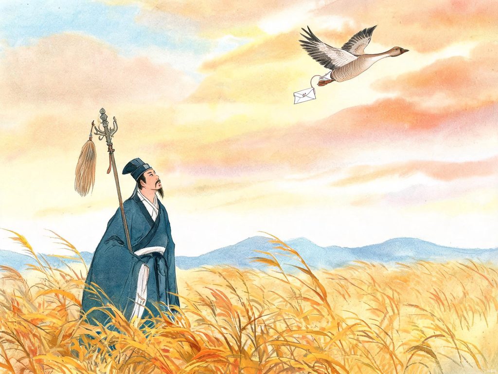 一只大雁叼着书信飞过山川河流的插画