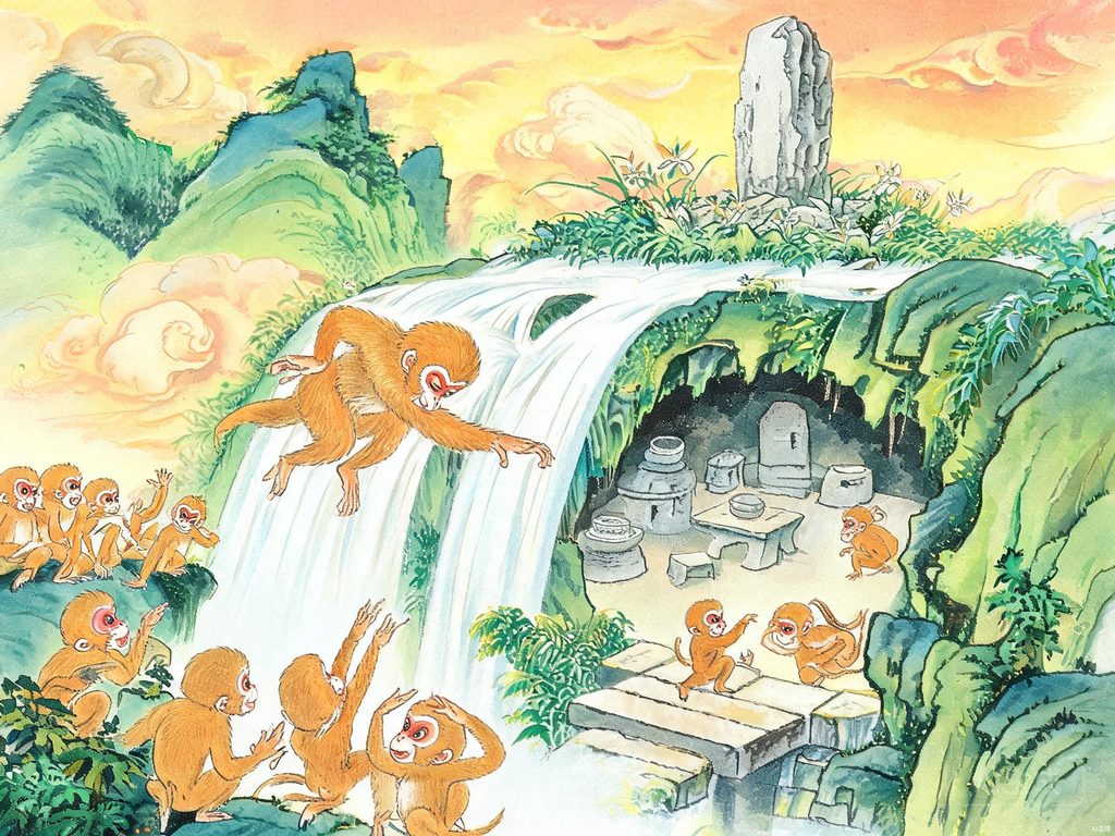 石猴发现水帘洞插画