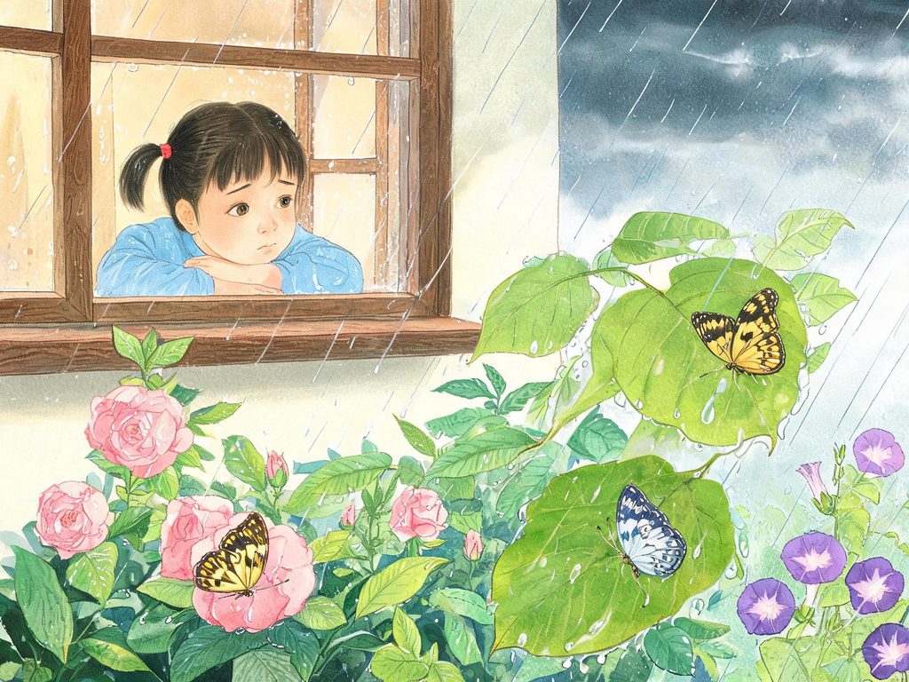 风雨中花朵与蝴蝶躲藏的画面