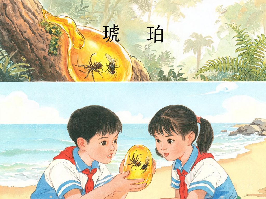 松脂包裹苍蝇蜘蛛形成琥珀的画面
