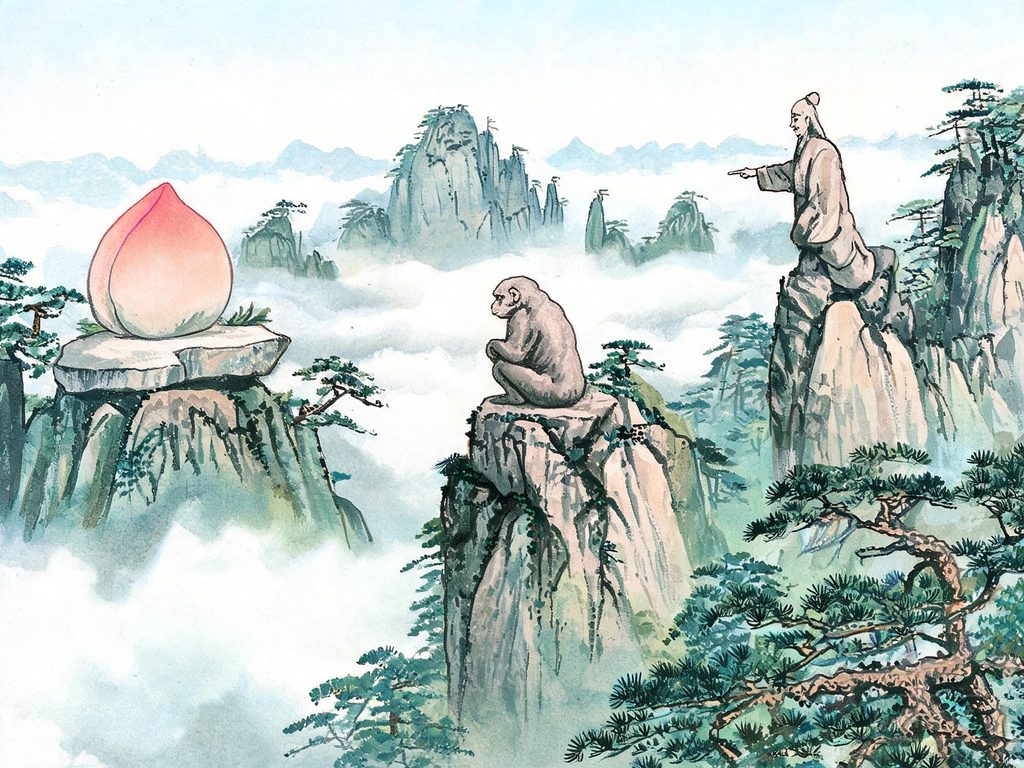 黄山奇石景观插画，猴子观海、仙桃石等奇石