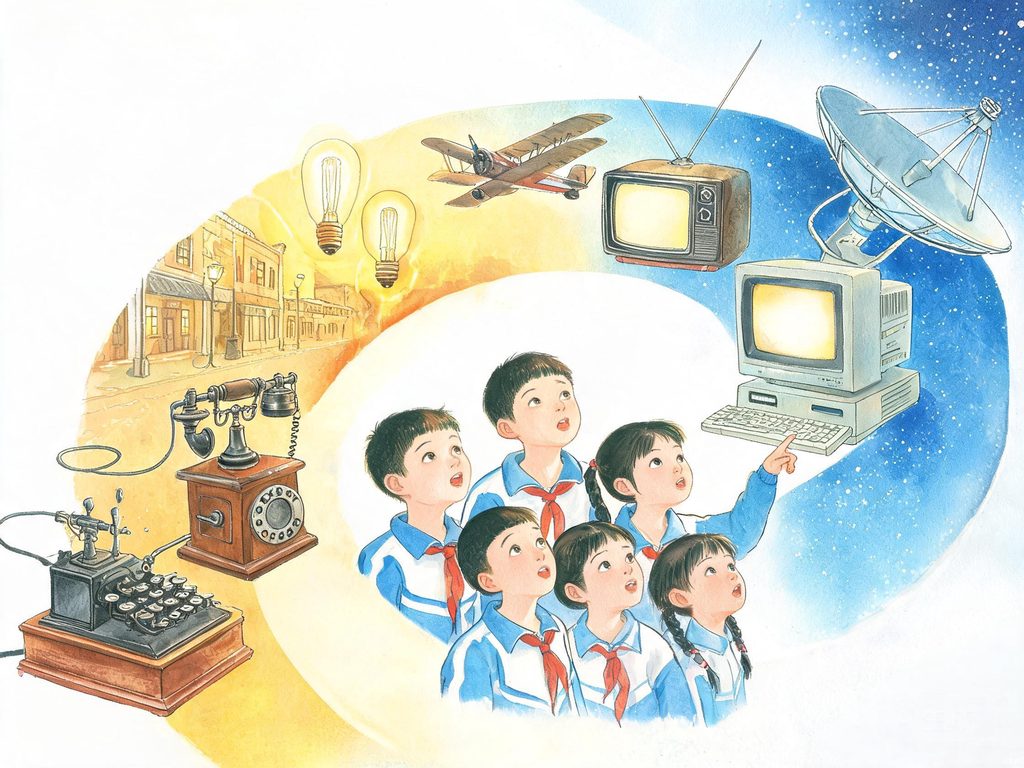 画面左边是古代油灯马车，右边是现代电灯飞机，中间一条时间线