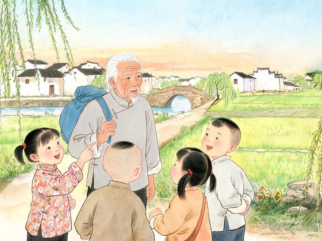 老年贺知章回乡与儿童对话的插画