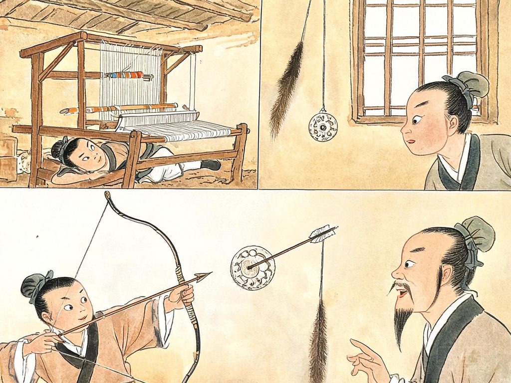 纪昌盯针眼练射箭的古代画面