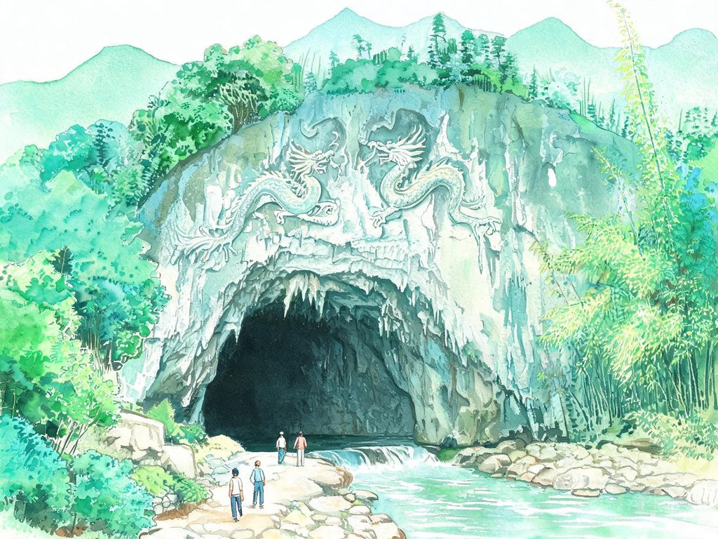 金华双龙洞洞口和钟乳石插画