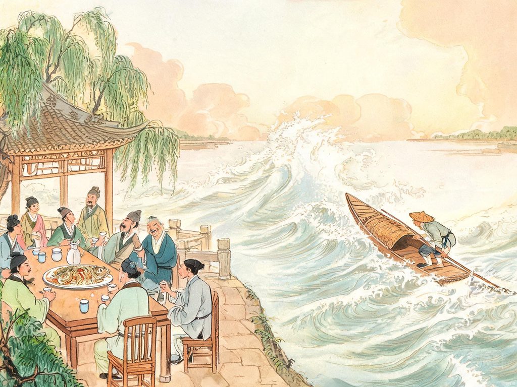 江上渔船在风浪中颠簸的插画