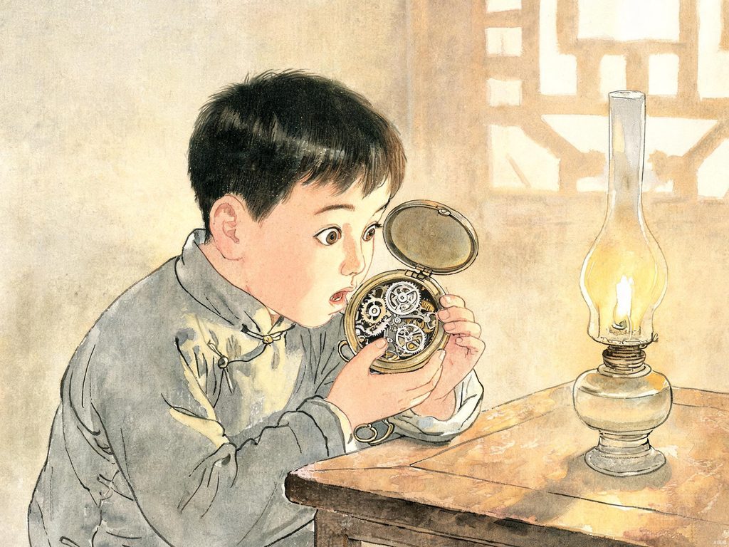 孩子对着怀表好奇探究的插画