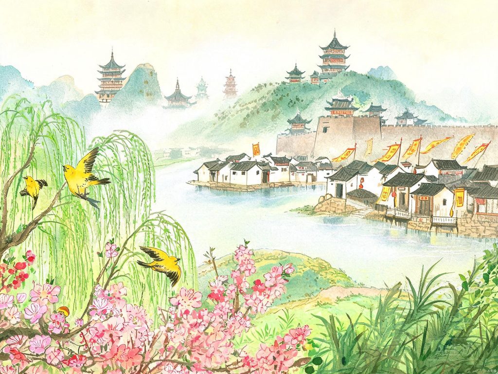 江南春日莺啼花红、水村酒旗与烟雨古寺的插画
