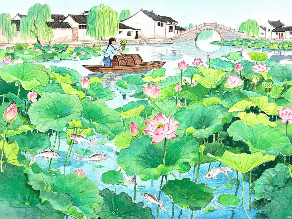 江南水乡莲叶田田、鱼儿在莲叶间游动的插画