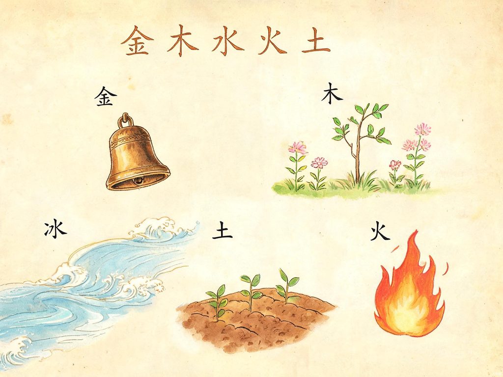 金木水火土五种元素环绕排列的插画