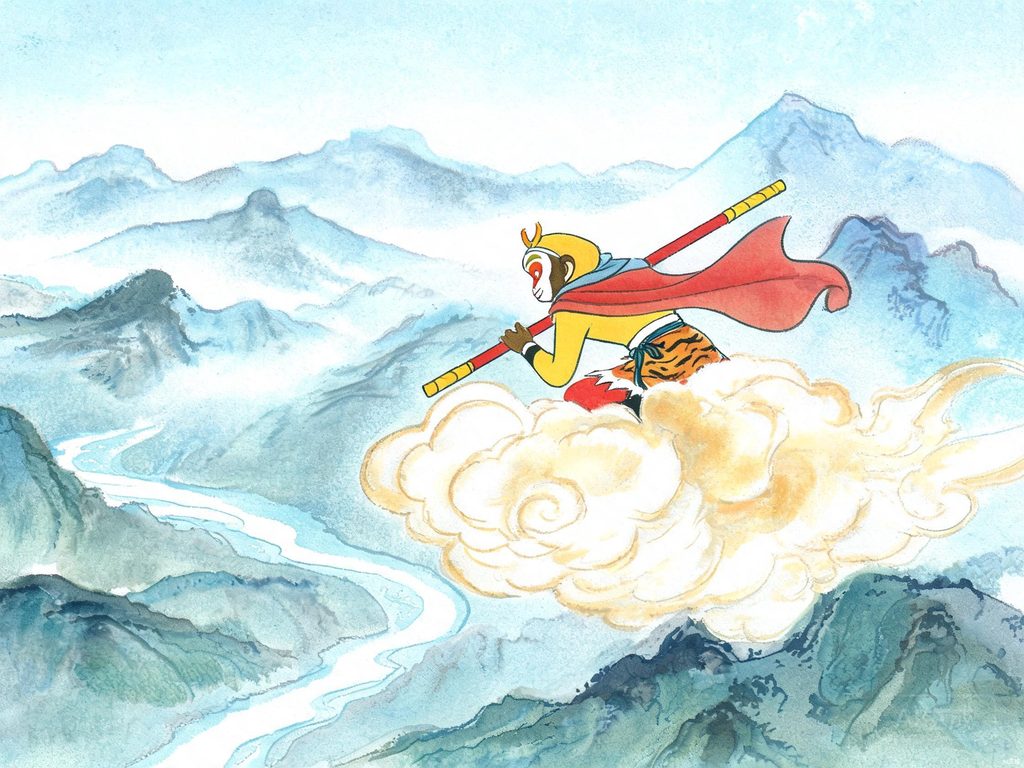 孙悟空驾筋斗云腾空而起的插画
