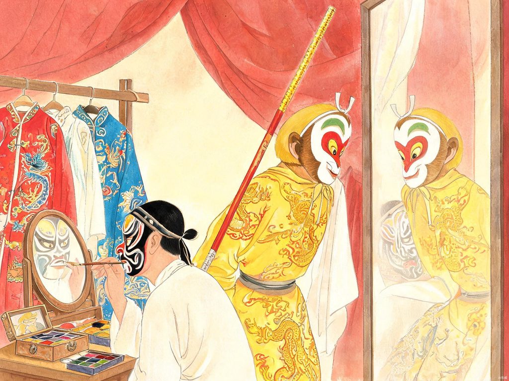 京剧虚拟化表演的马鞭与亮相插画