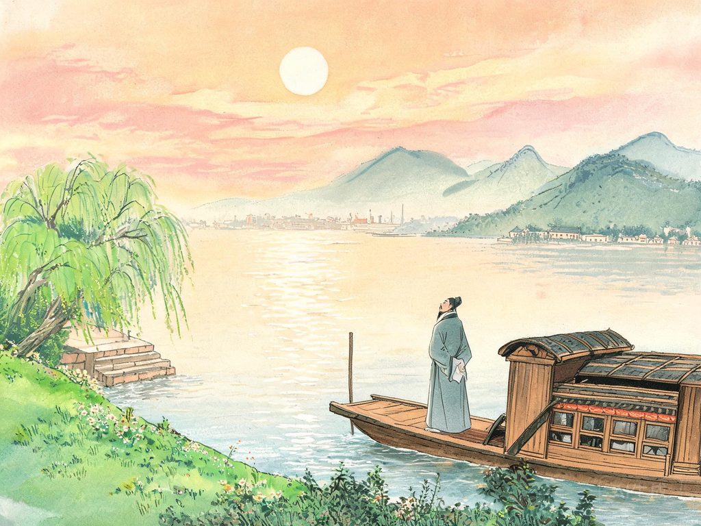 隔江遥望故乡的思乡插画