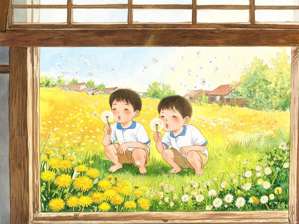 蒲公英草地早晚变色插画