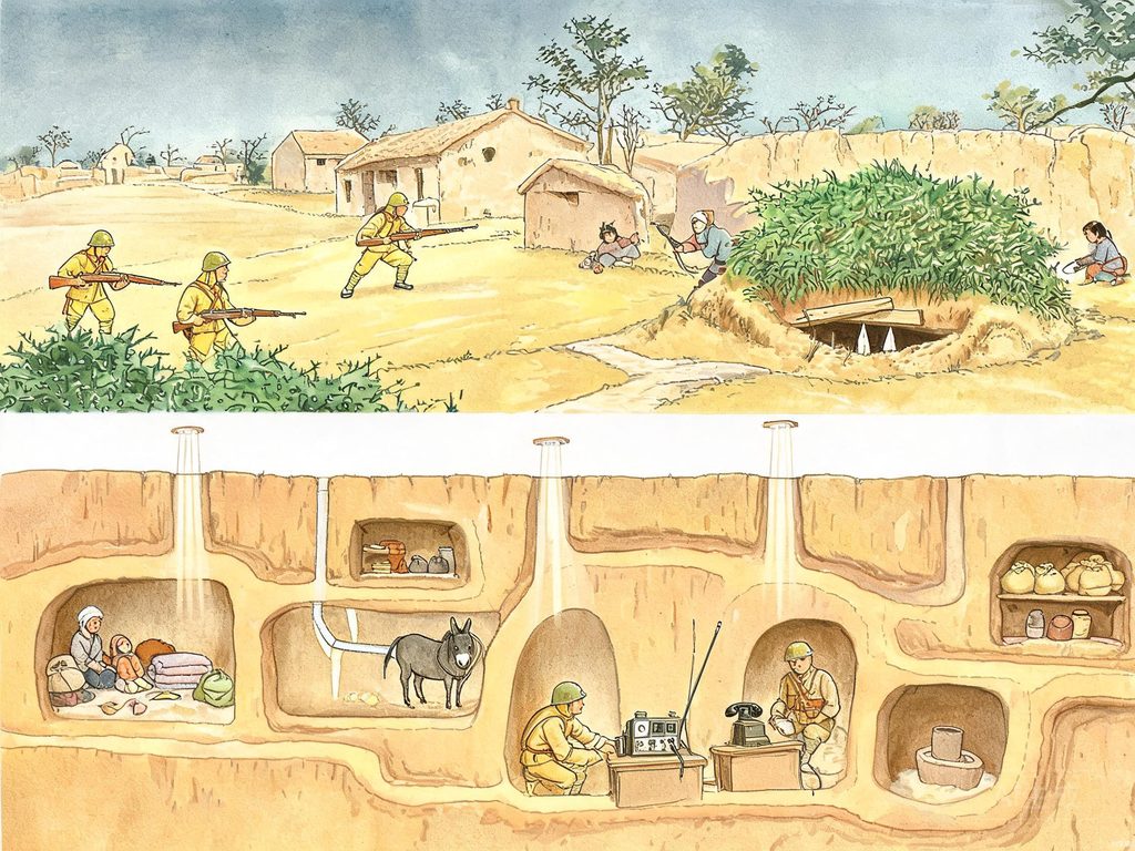 冀中平原地道战剖面示意图插画