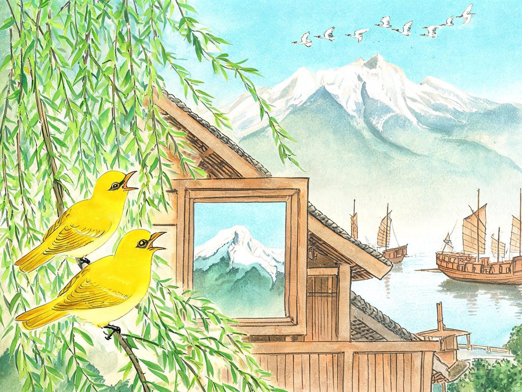 黄鹂鸣翠柳、白鹭上青天的春日插画