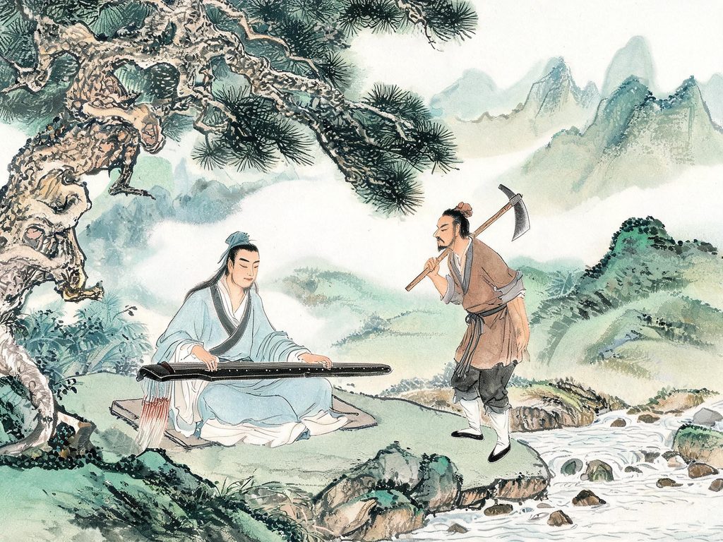 伯牙弹琴、子期聆听的插画