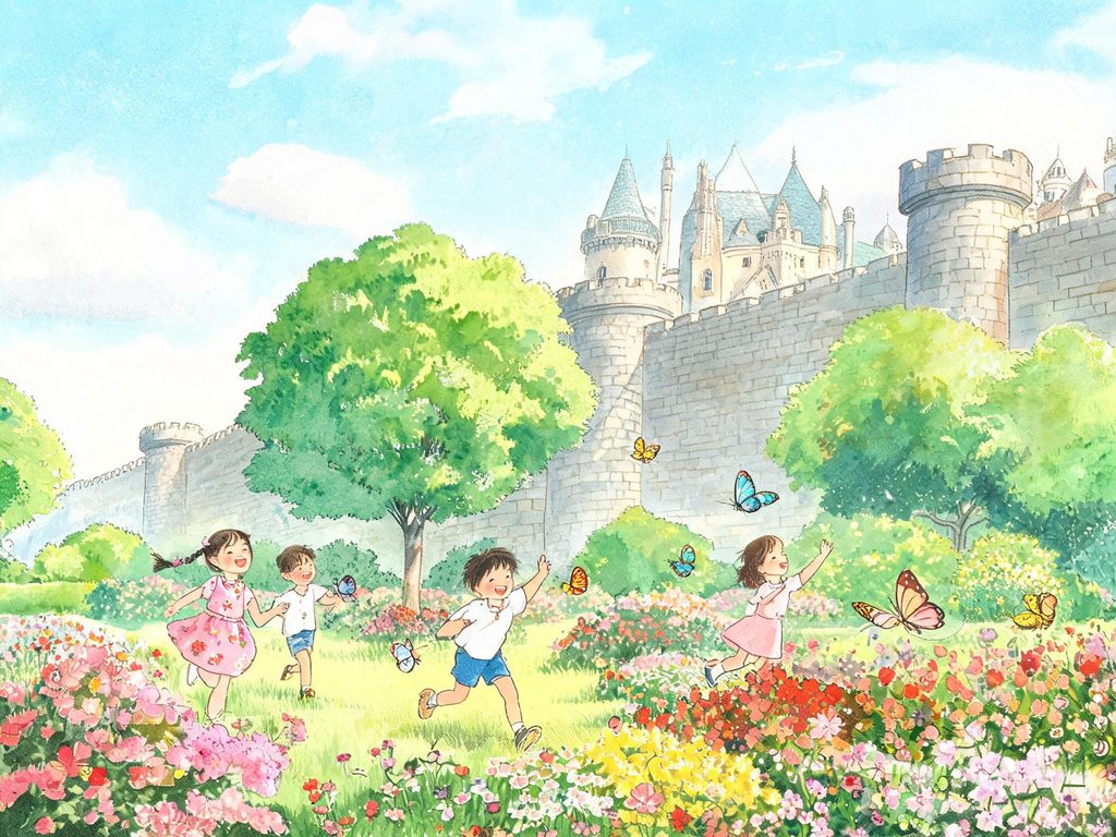 巨人的花园里春天和孩子们玩耍的插画