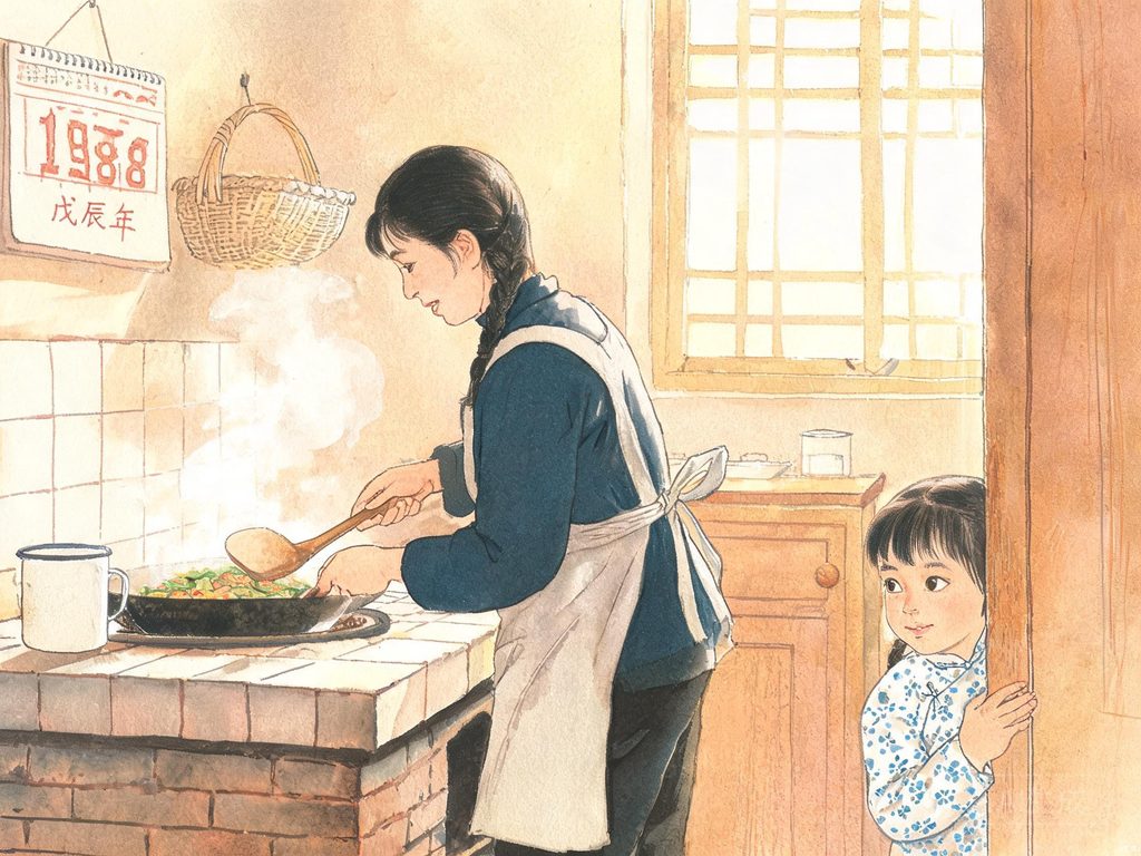 孩子翻看妈妈小时候照片的插画