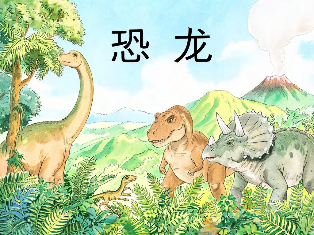各种恐龙在远古森林中的插画