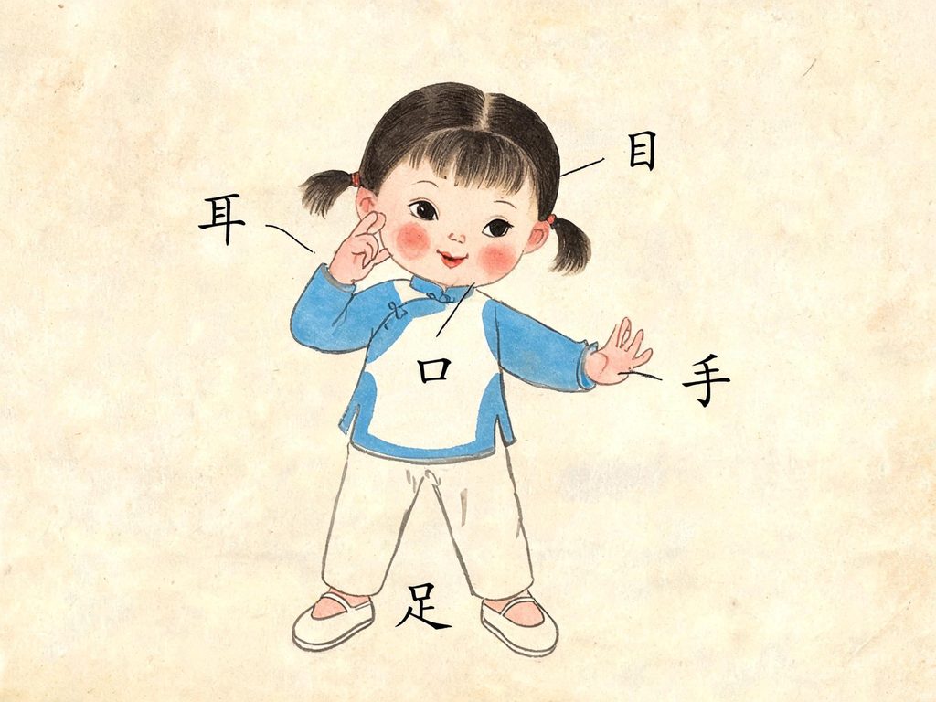 口耳目手足五个身体部位配汉字的插画