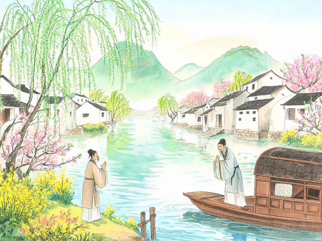 山水如眉眼送友南行的婉约插画