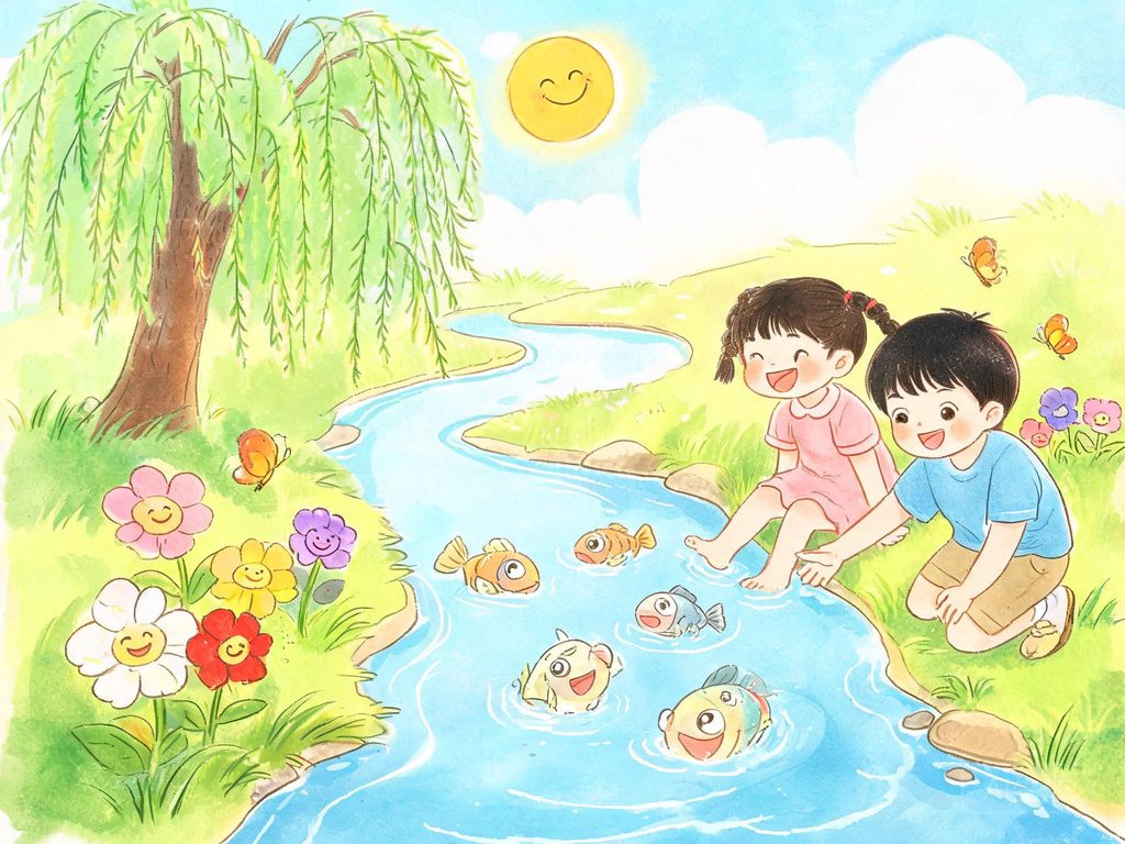 弯曲小河流过田野山岗的插画