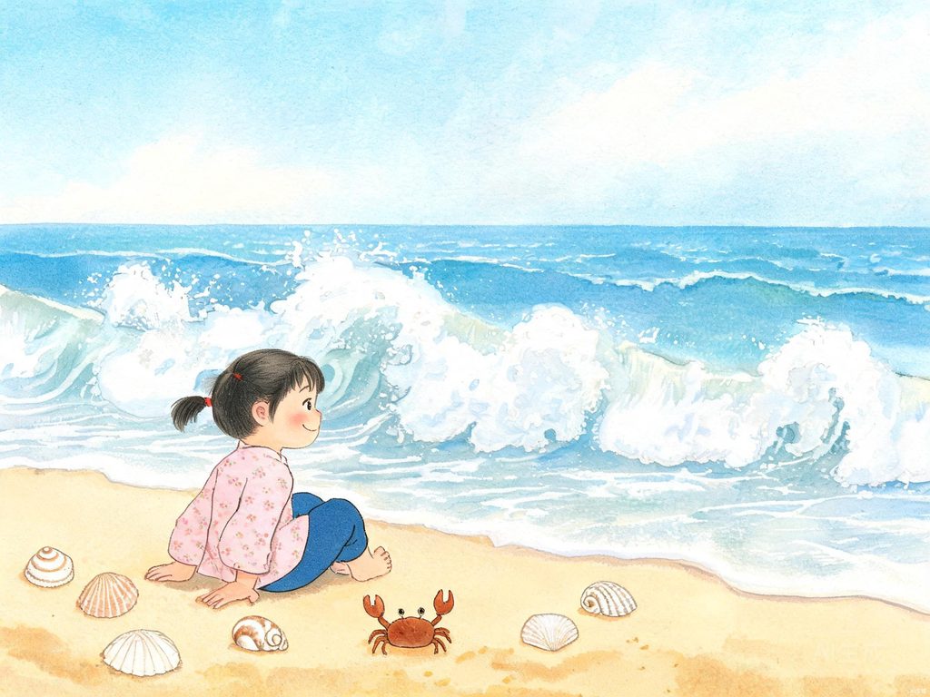 海边浪花拍打沙滩孩子玩耍的插画