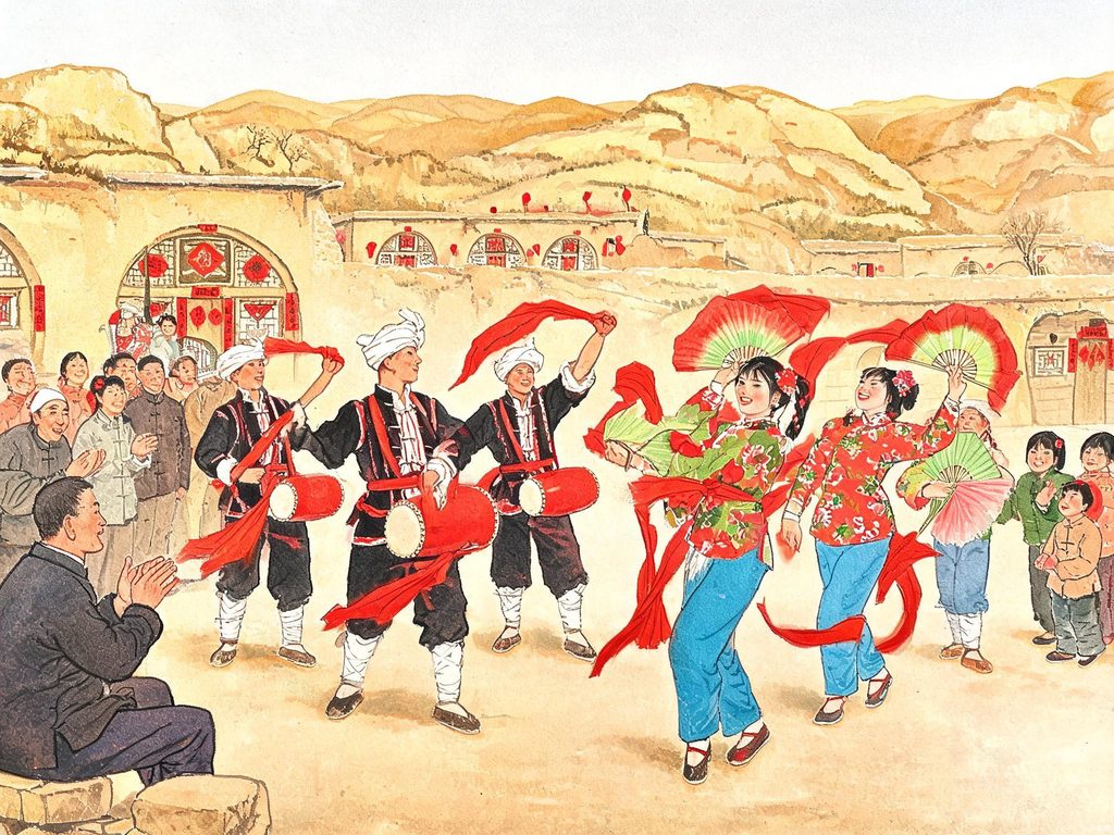 民间艺人舞动花鞭表演的插画