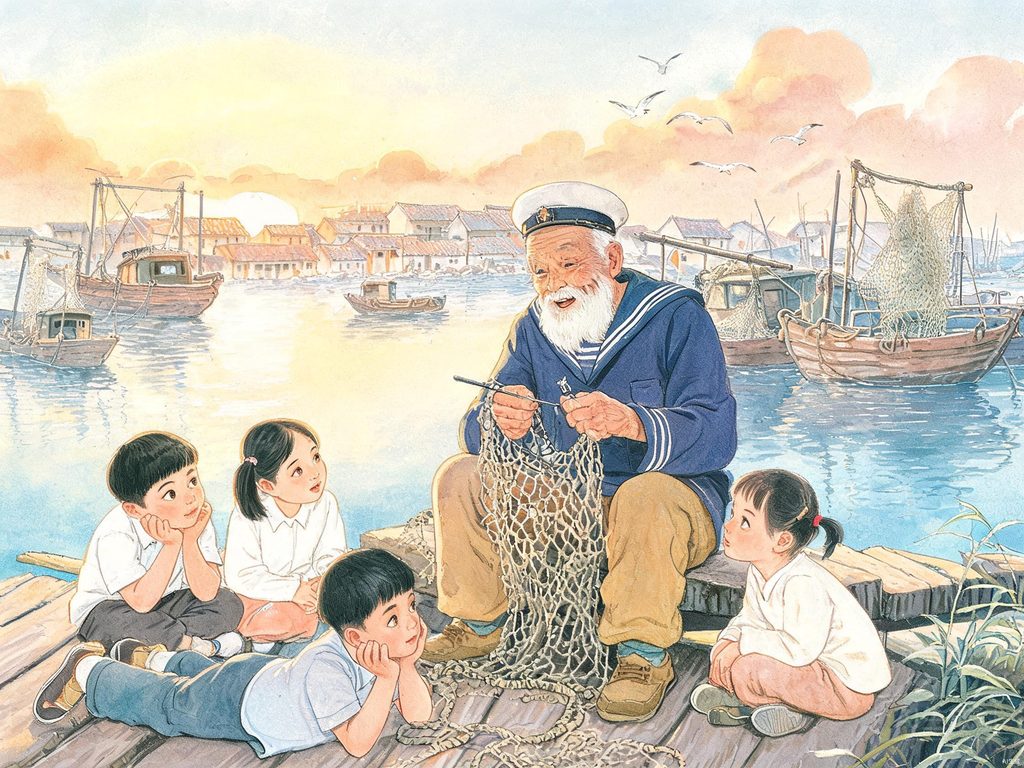 白发老水手站在帆船甲板上望向大海的插画