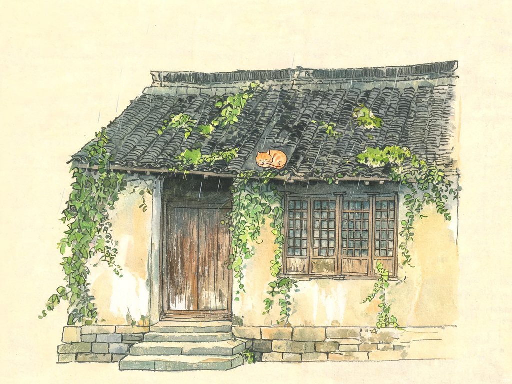 一栋老旧的瓦房在夕阳下的插画