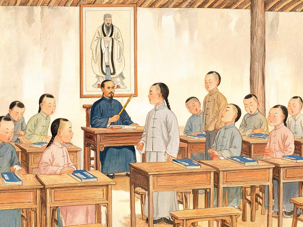 孙中山在私塾中向先生提问的求学场景插画