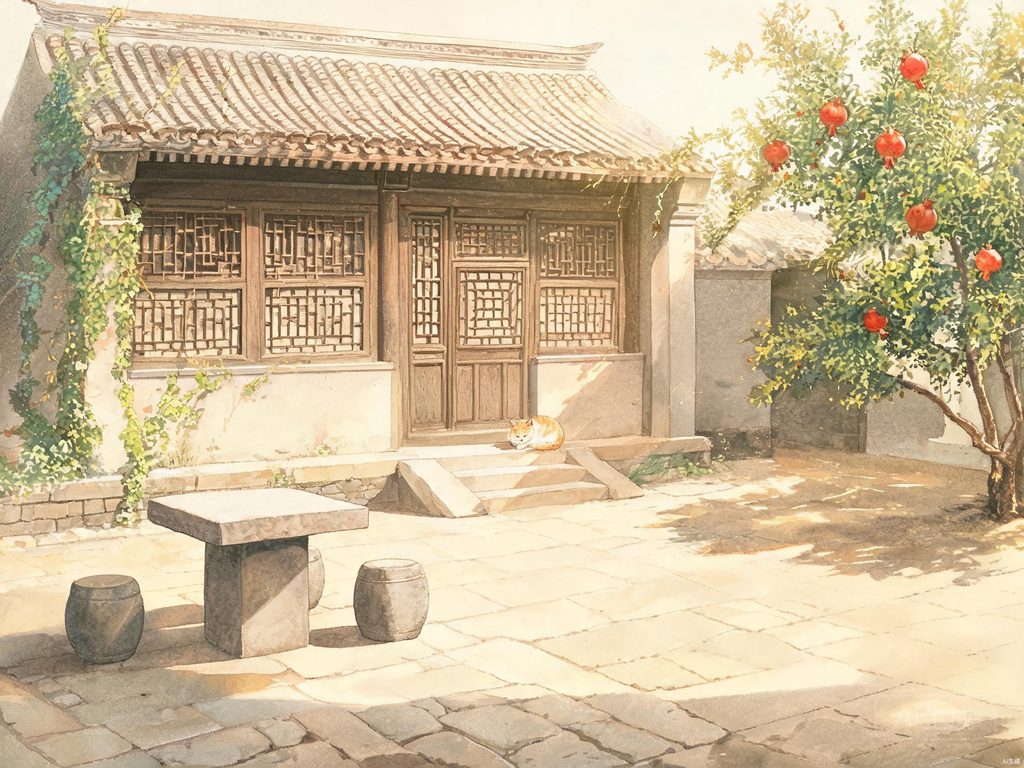 斑驳老屋木门石阶与青苔的怀旧插画