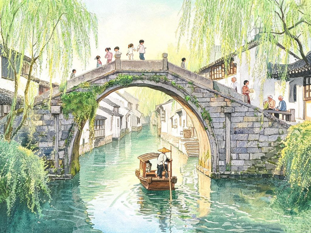 村口老石拱桥横跨小河的历史插画