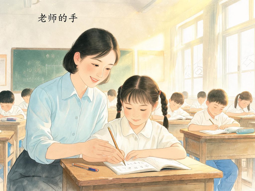 老师的手握着小手教写字的温暖插画
