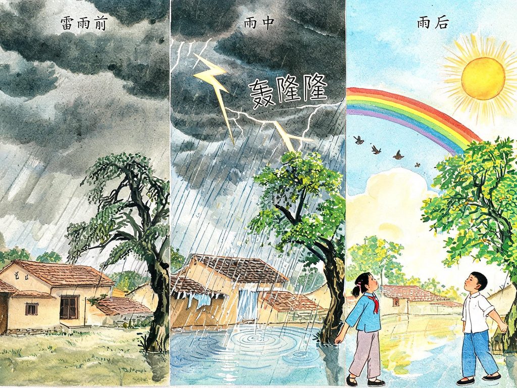 雷雨前后天气变化场景插画