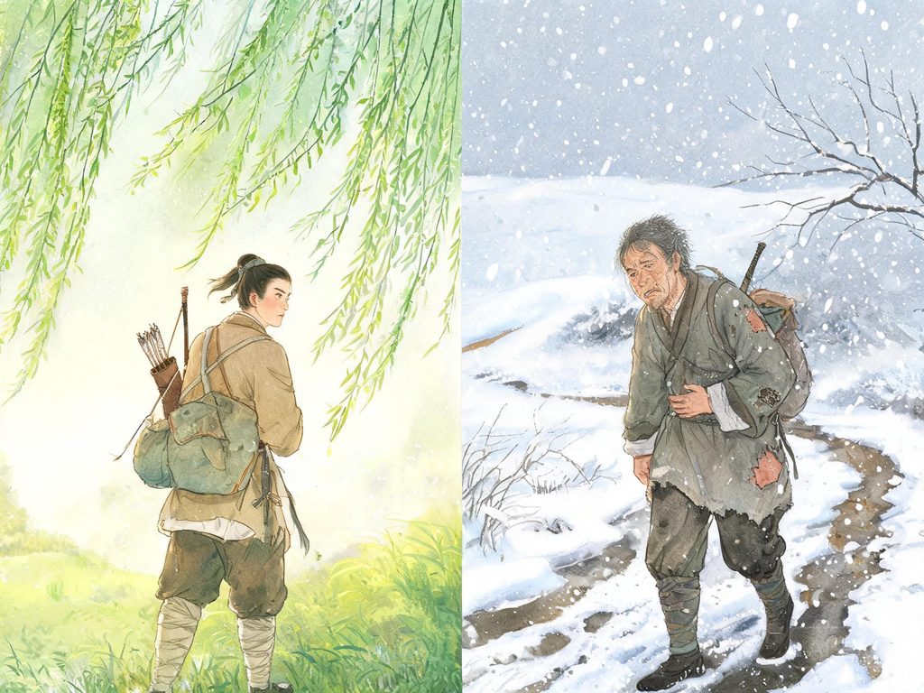 戍边士兵归途踏雪的凄婉插画