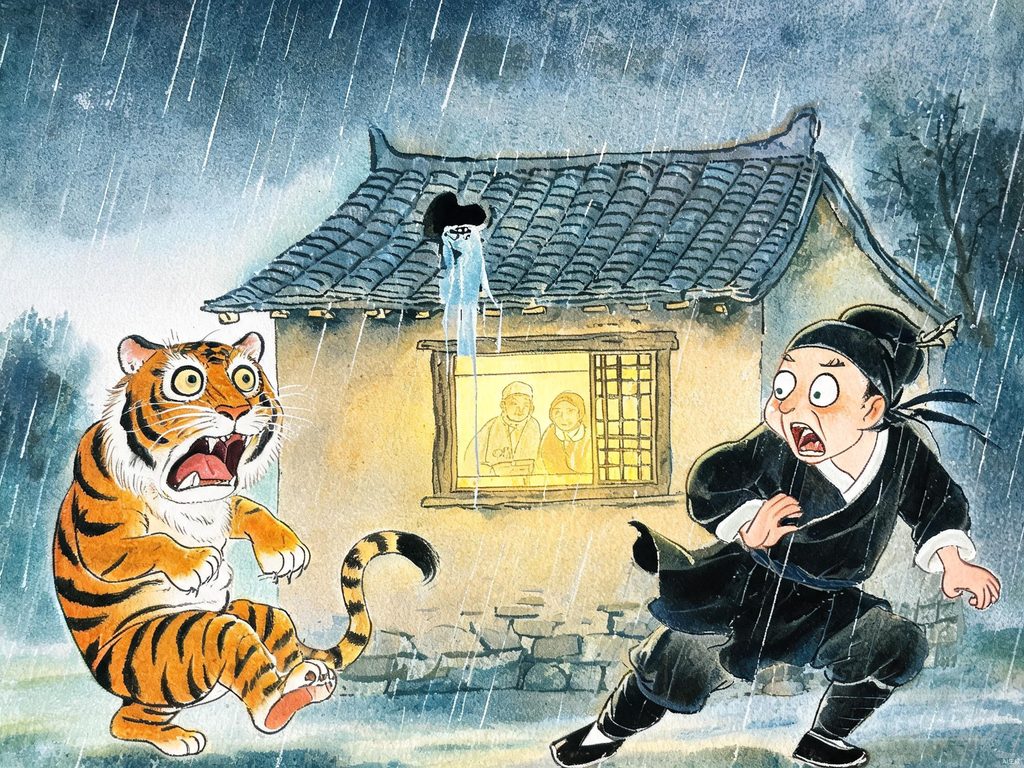 雨夜中老虎和贼在老屋外害怕逃跑插画