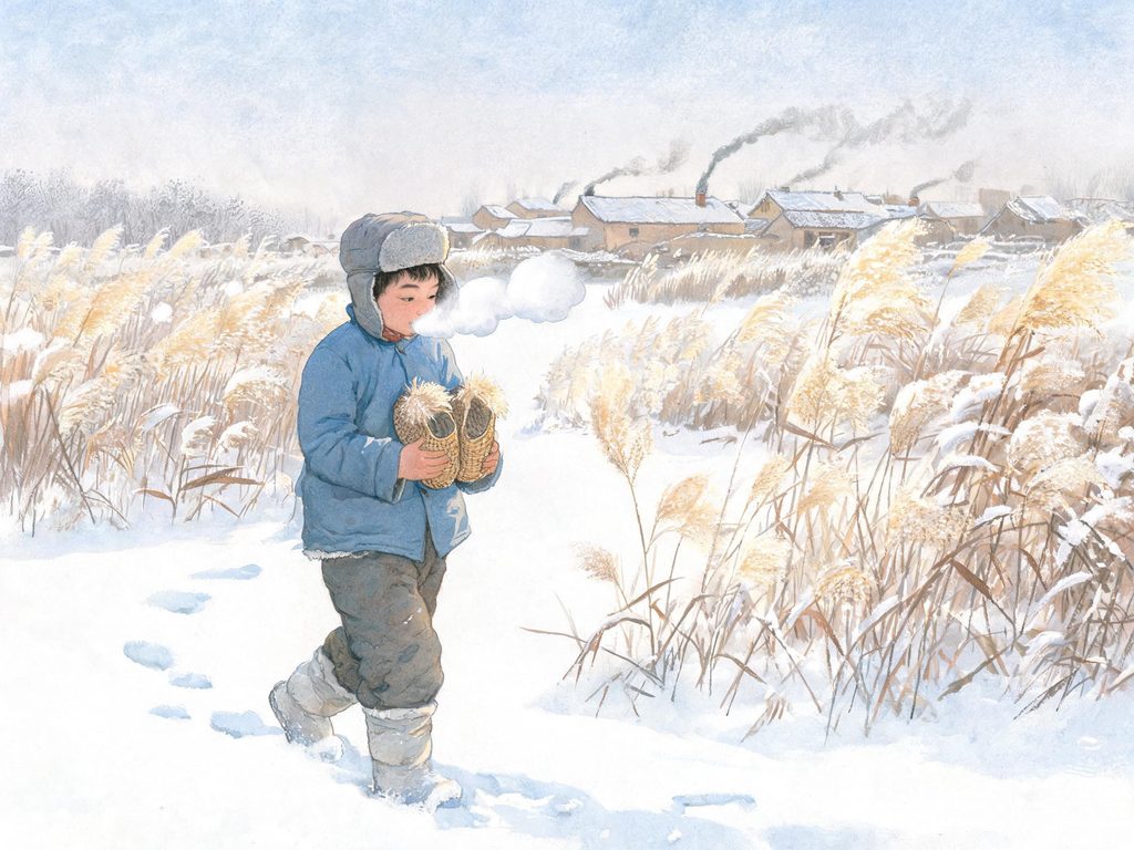 雪地里的芦花鞋与少年背影的画面