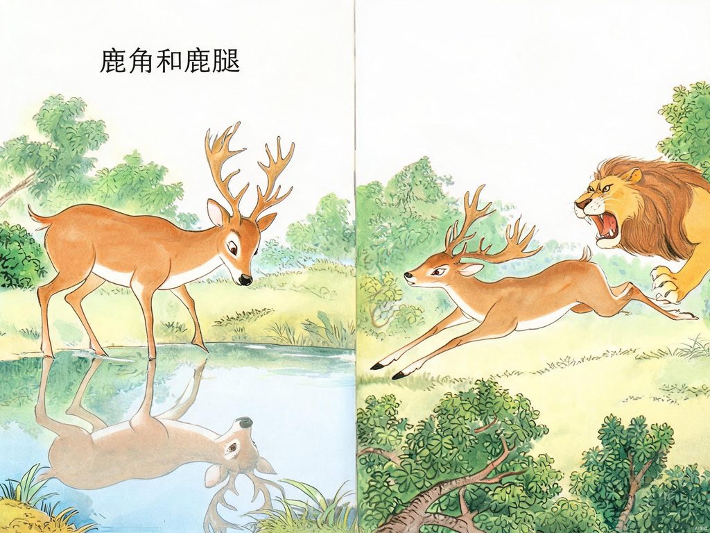 一只鹿在河边欣赏鹿角、嫌弃鹿腿的画面