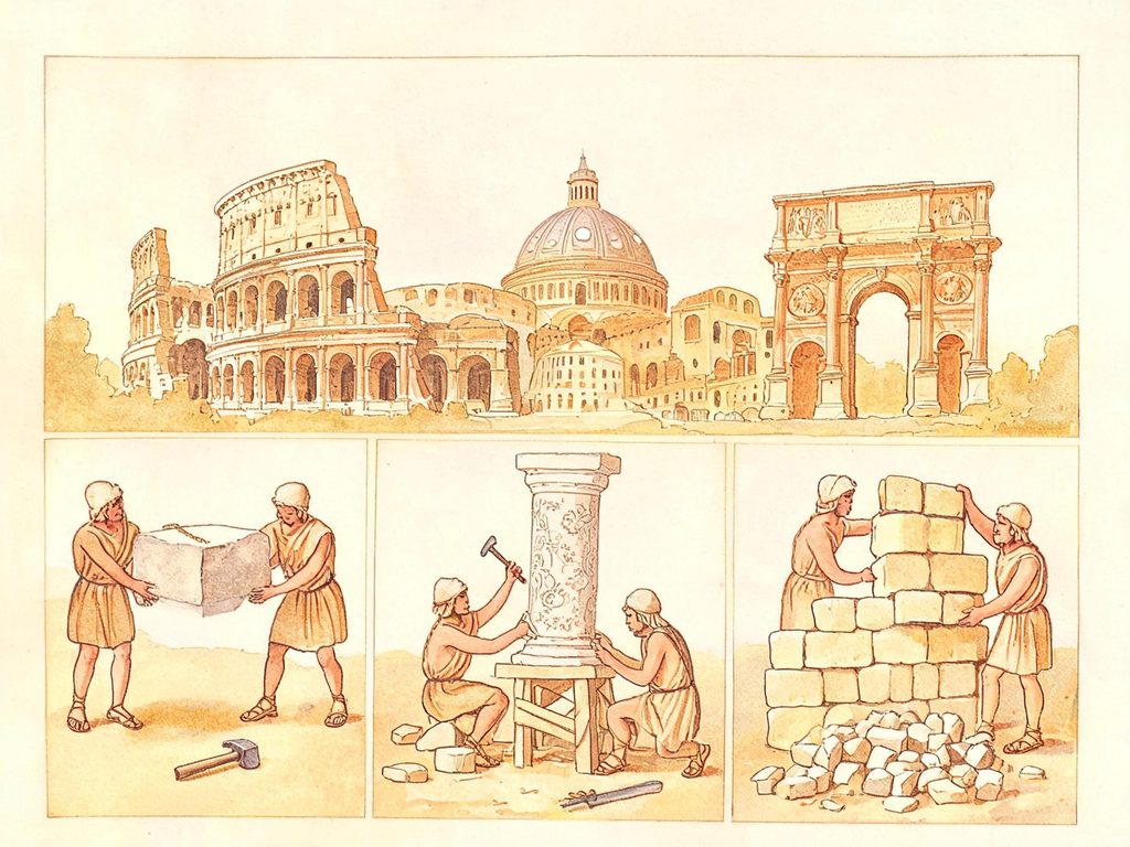 古罗马城建筑和罗马大道的插画