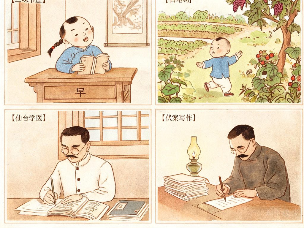 鲁迅伏案写作与童年百草园插画