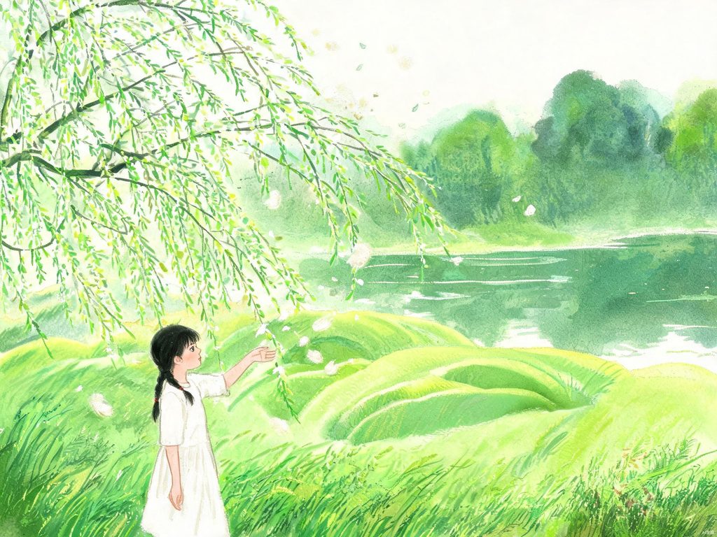春天满眼绿色与风中之叶的画面