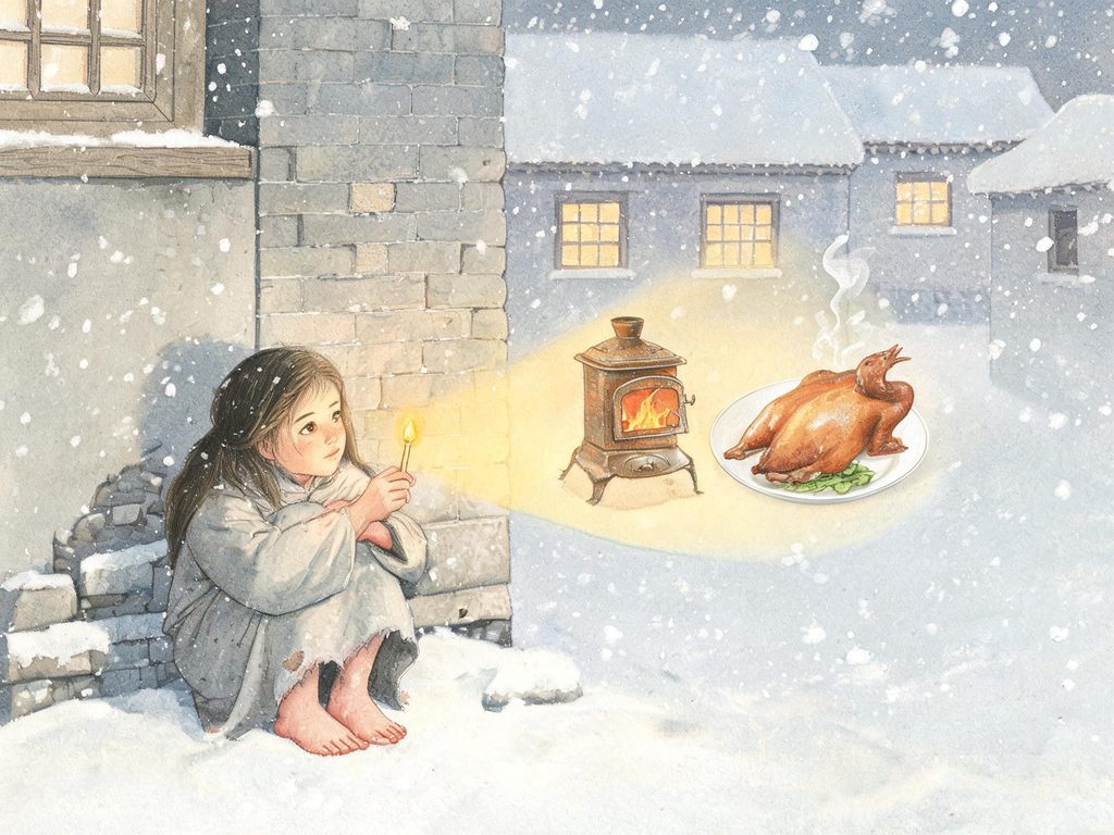 雪夜中一个小女孩蹲在墙角擦燃火柴的插画