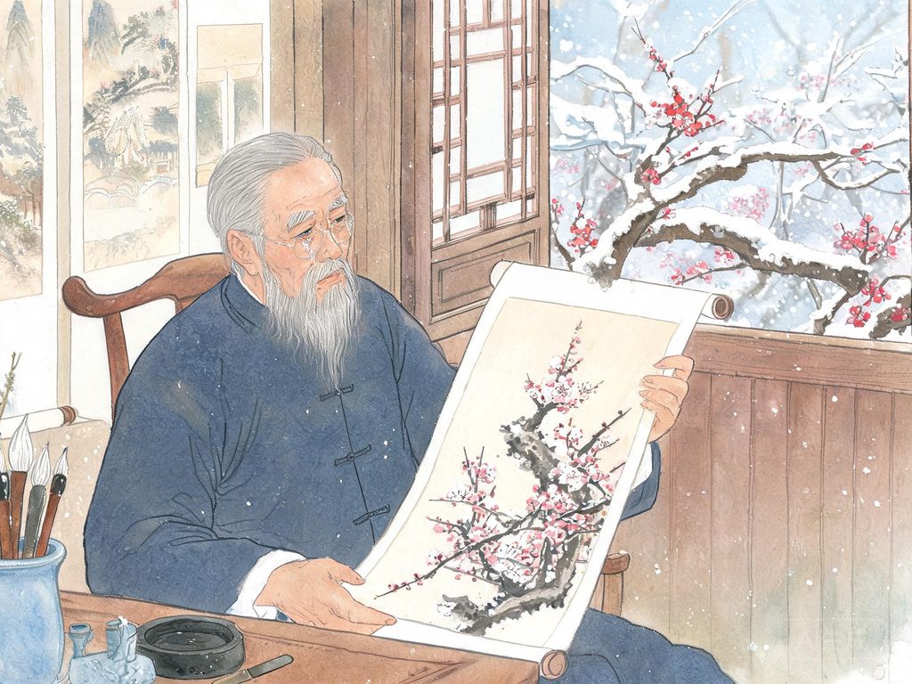 华侨老人抚摸梅花图的插画
