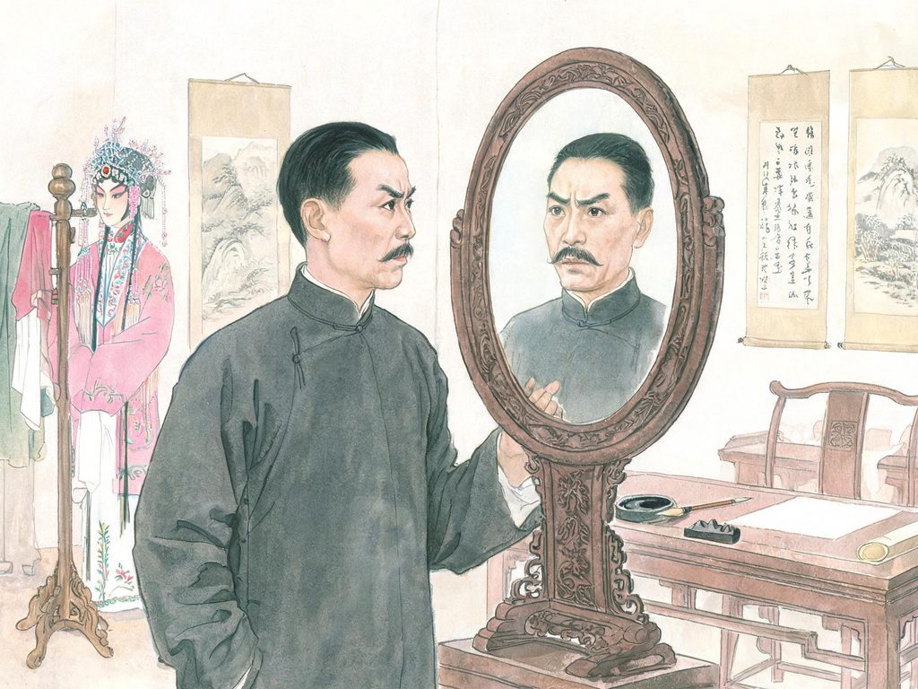 京剧舞台与留须的梅兰芳肖像画面