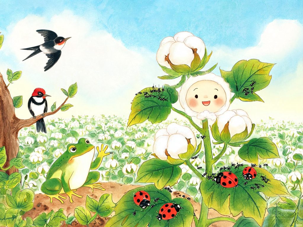棉花姑娘和七星瓢虫吃蚜虫的插画