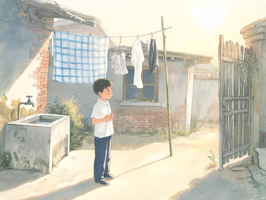 孩子在院子里等待母亲、从早到晚时光流逝的场景插画